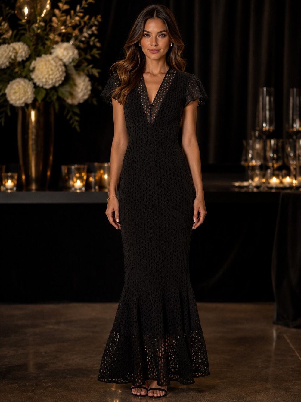 BEC + BRIDGE Black Eyelet Lace Mermaid Maxi Dress Sheer Cutout Evening Gown 4